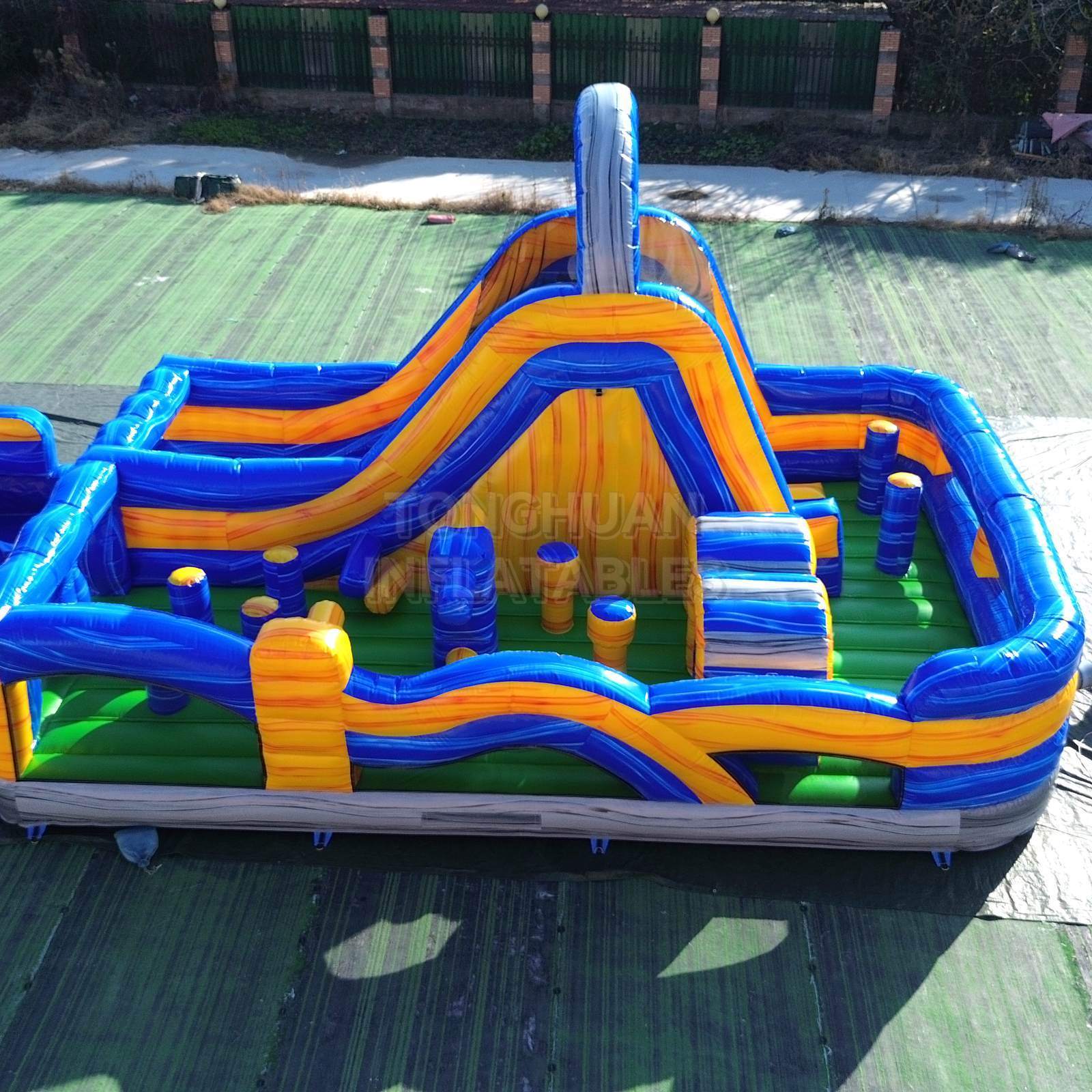 Commercial Compact Inflatable Obstacle Course with Dual Climbing Lanes Slide Tunnels and Safety Walls for Parks and Rentals