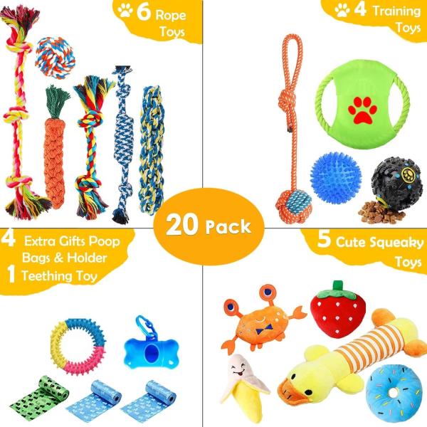 Dog Puppy Toys Pack, Puppy Chew Toys for Fun Teeth Cleaning, Dog Squeak Toys,Treat Dispenser Ball, Tug of War Toy