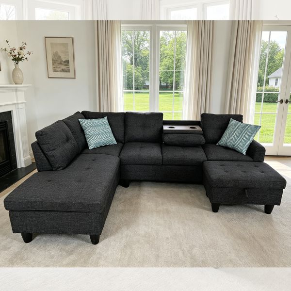 L-Shaped Sectional Sofa with Dropdown Table and 2 Pillows, Ottoman with storage, Black Fabric