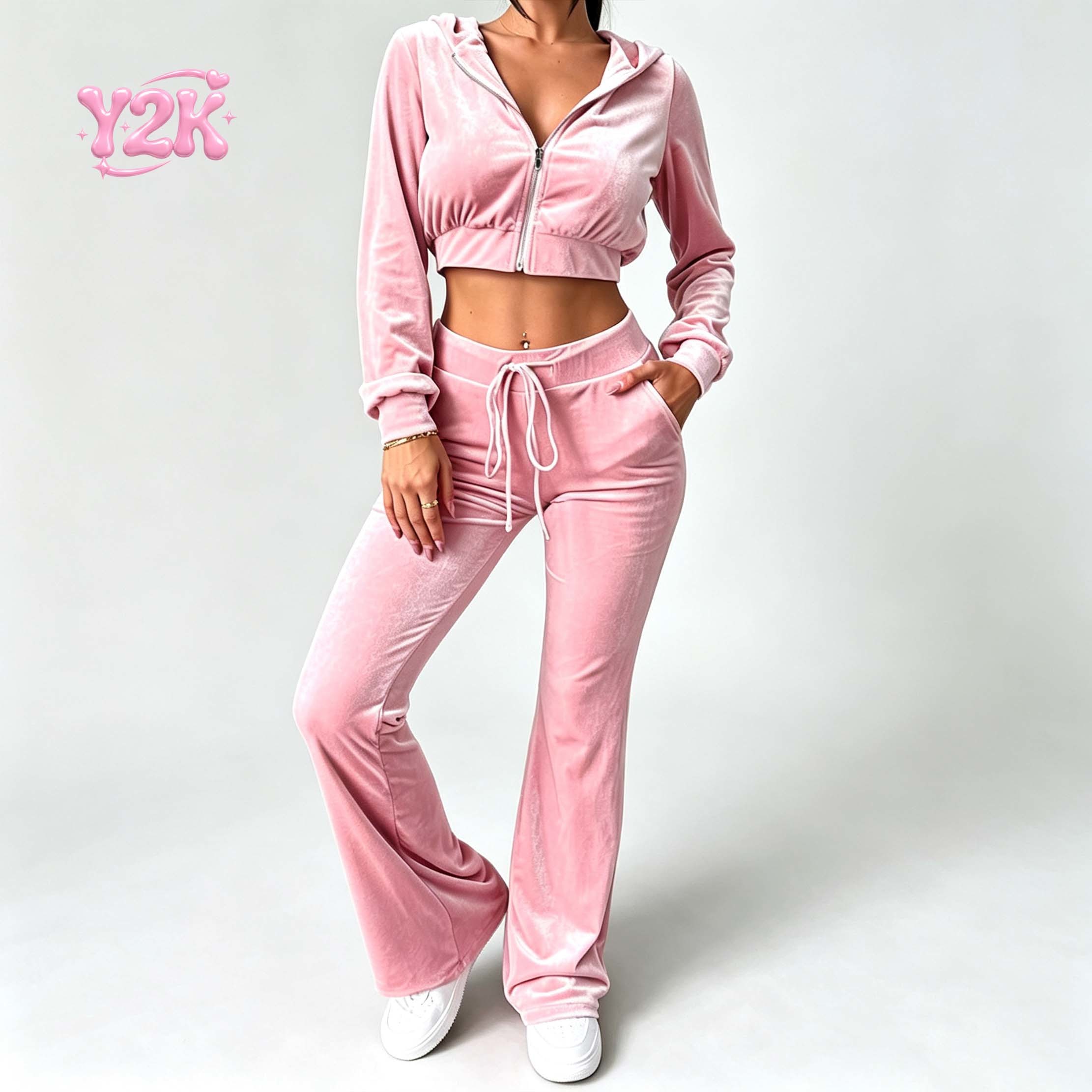 Custom Pink Velvet Cropped Zip Up Hoodie & Flare Pants Lounge Set