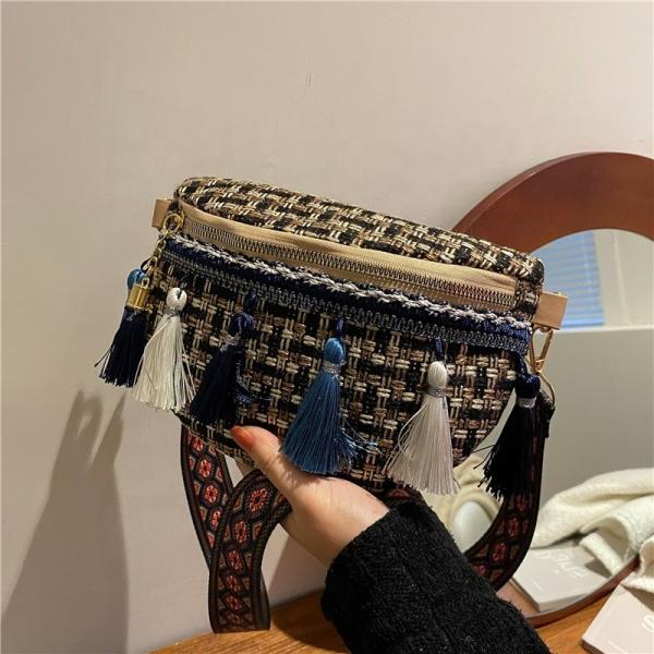 Tassel Decor Adjustable Strap Waist Bags Plaid Pattern Waterproof Cycling Bum Bag OEM