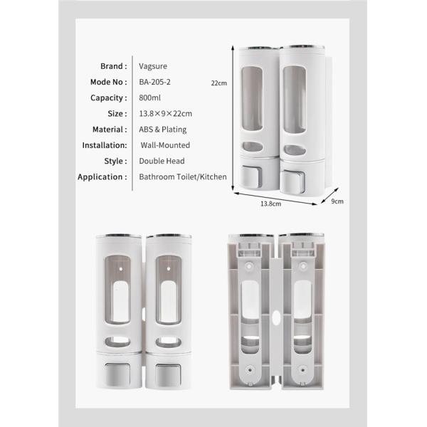 Double Heads Wall Mounted Liquid Soap Dispenser Waterproof ABS Plastic Material