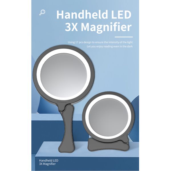 Multi-functional Hand-held Three-fold Double Mirror LED Acrylic Lens 17 White LEDs Magnifying Glass Scale for Reading Books