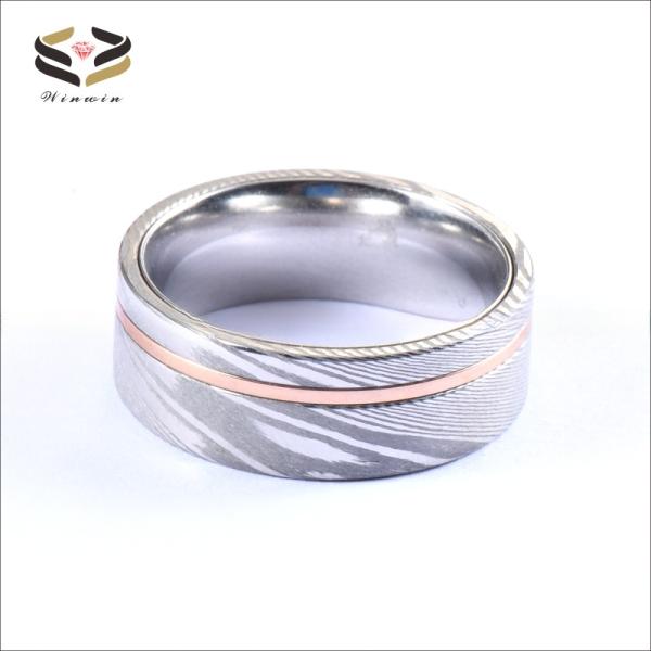 Engagement Men's Damascus Steel Rings 8mm with Tungsten Core Inner And Copper Inlay