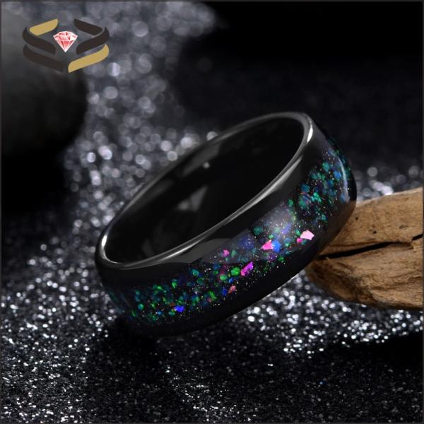 L'anneau de mariage en carbure de tungstène noir à dôme pour homme 8 mm avec incrustation d'opale Galaxy