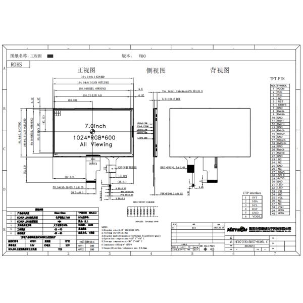 7 Inch LVDS LCD Panel 450nits 1024*600 Resolution 85/85/85/85 Viewing Angles