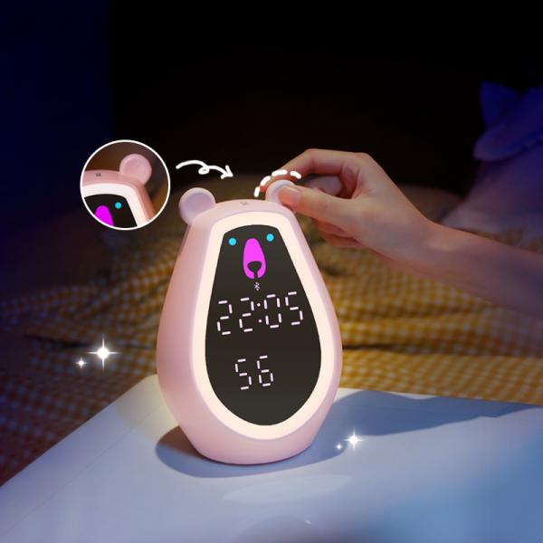 Bear Alarm Clock Kids Mini Night Light Adjustable Brightness Voice-Activated Wake Battery-Powered