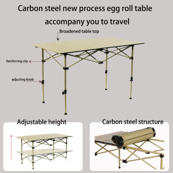Lightweight Iron Outdoor Camping Picnic Height Adjustable Folding Roll Wooden Table