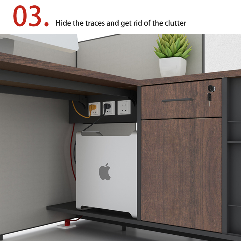 Two person office desk with steel leg storage side cabinet, staff desk made of melamine board material