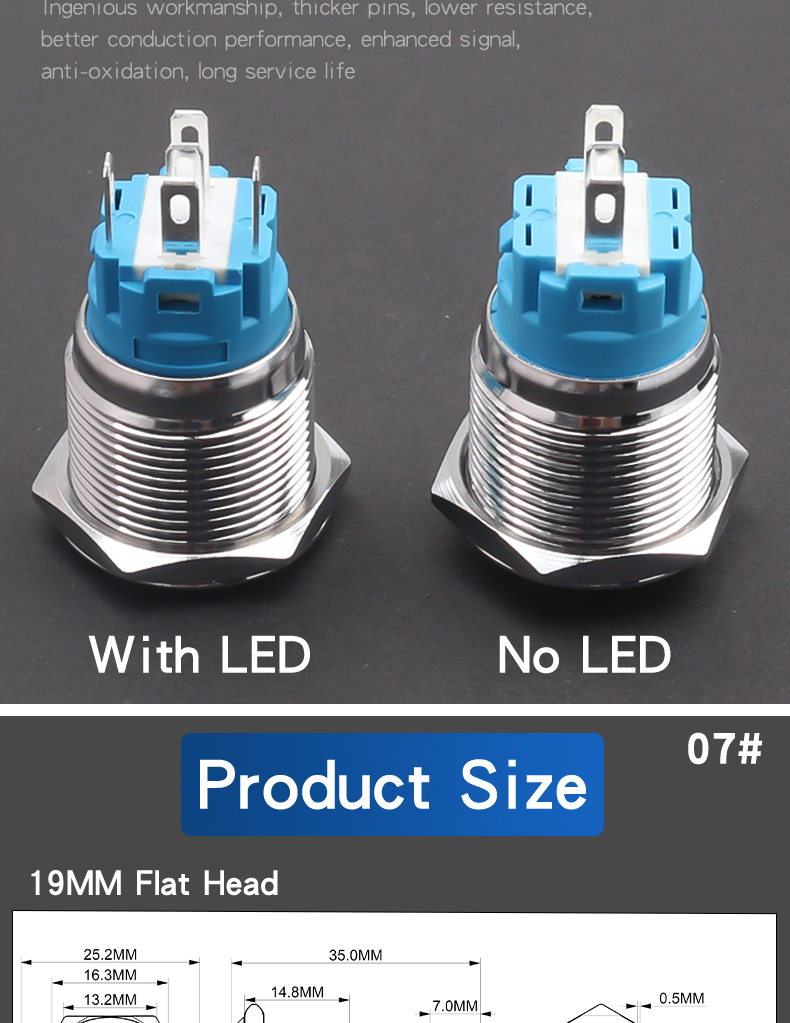 19mm Metal Push Button Switch 1NO1NC Waterproof High/Flat Head Ring-LED Momentary Latching Button Switch 6V 12V 220V