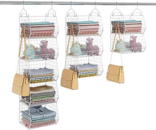 X-COSRACK 4 TIER FOLDABLE CLOSET ORGANIZER, CLOTHES SHELVES WITH 5 S HOOKS, WALL MOUNT&CABINET WIRE STORAGE BASKET BINS,