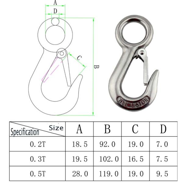 304 Stainless Steel Large Eye Crane Lifting Hook with Latch OEM and Durable Design