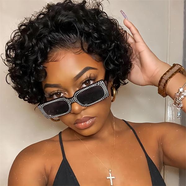 8inch Human Hair Wigs 360 Lace Front Pixie Curls Wig for Soft and Shiny Hair