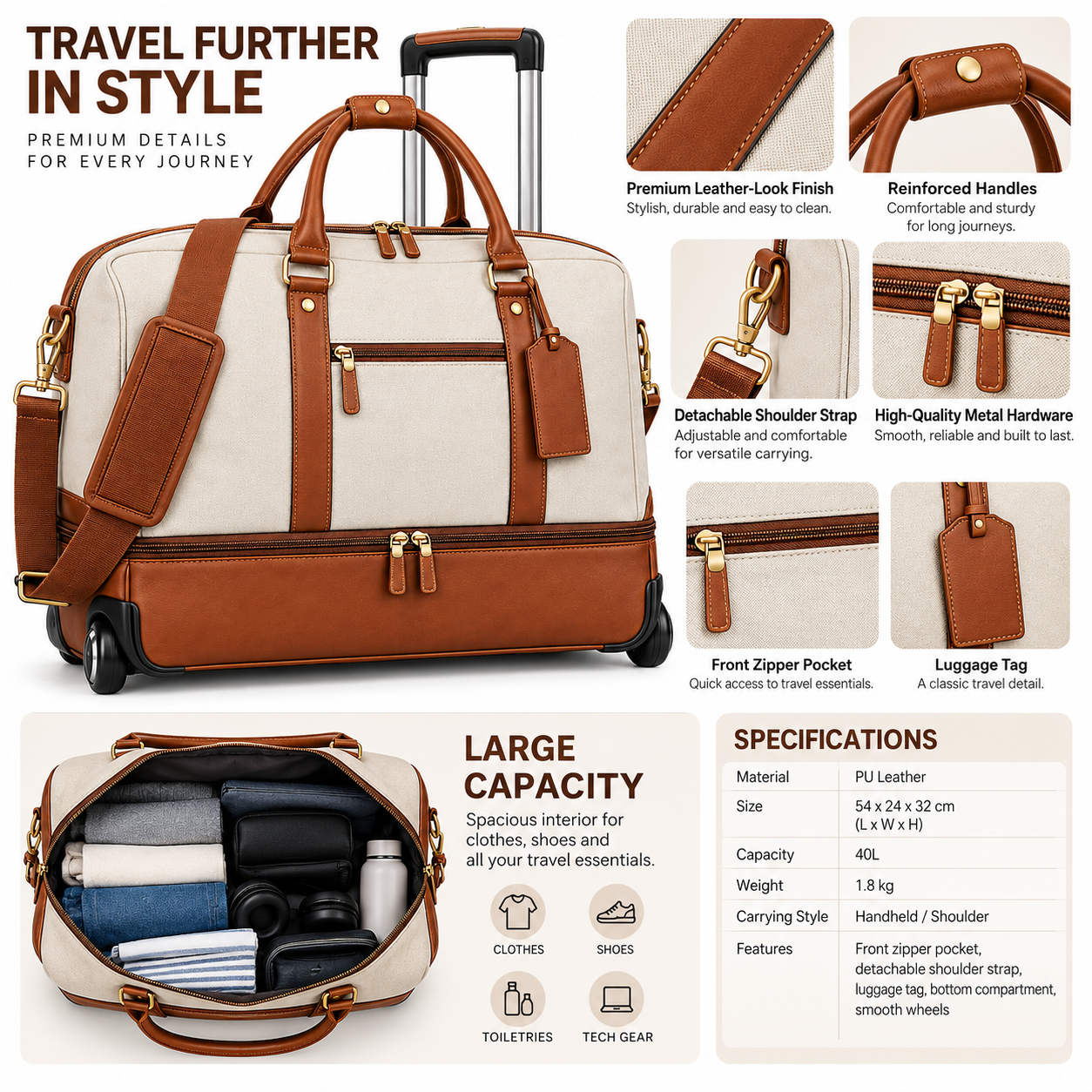 Custom OEM ODM Wheeled Weekender Travel Bag with Separate Bottom Compartment – Large Carry-On Duffel with Telescopic Handle, Shoulder Strap & Shoe Storage