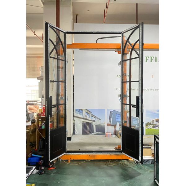 French-Style Black Aluminum-Clad Wood Double Swing Doors with Smart Biometric Lock for Outdoor Balconies