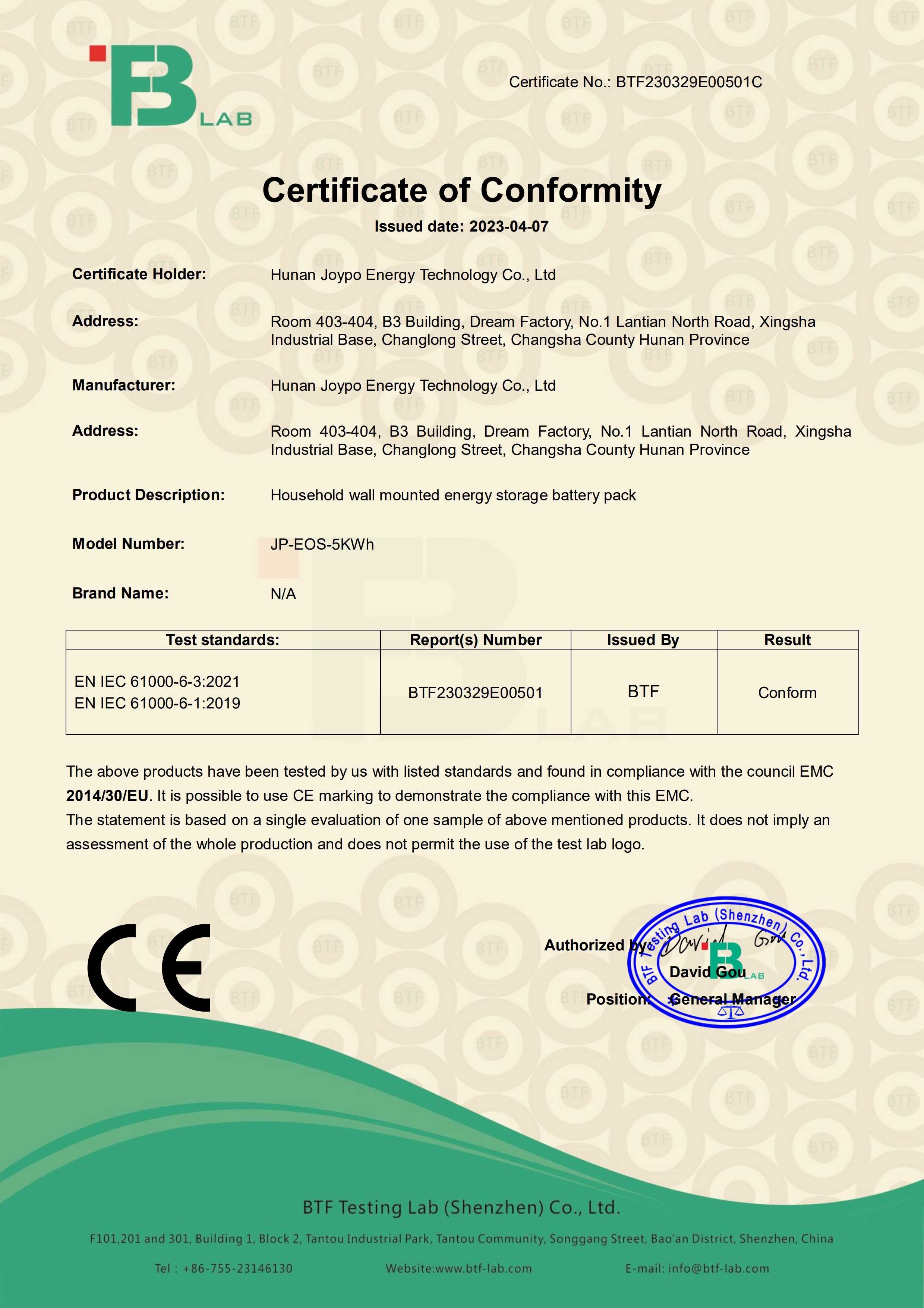 Hunan Joypo Energy Technology Co., Ltd. Сертификации