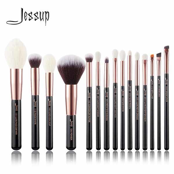 Jessup 15pcs Rose Gold Makeup Brushes Natural Hair Cosmetic Brush Kit
