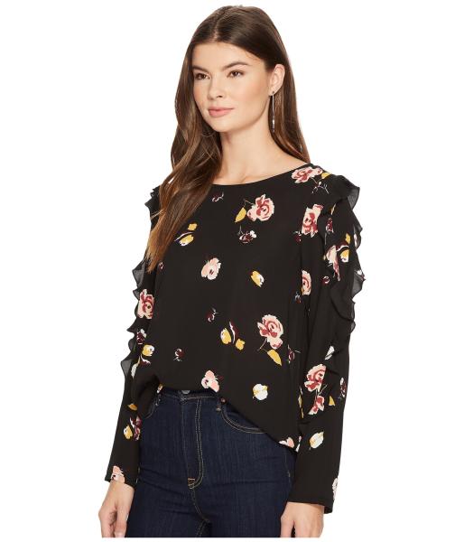 Da blusa longa do preto do detalhe da luva do plissado de W da roupa da queda partes superiores florais das senhoras