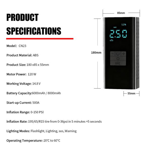 Car Emergency Jump Starter Power Supply ABS 6000mAh / 8000mAh Air Compressor Car Battery Charger Jump Starter