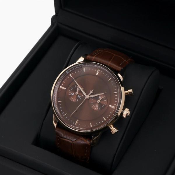 Brown Stainless Steel Chronograph Watch Mens Leather Strap Watches Mineral Crystal