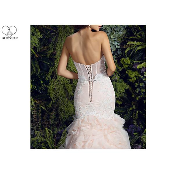 Bandage Lace Strapless Mermaid Bridal Gowns / Organza Pink Mermaid Wedding Gown