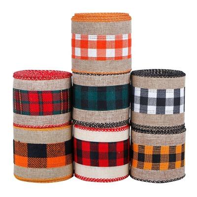 2.5 Inch Wired Edge Plaid Burlap Ribbon for Christmas Present Wrapping and Floral Bows