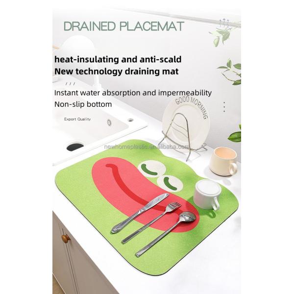 Square Waterproof Anti-Slip Kitchen Dish Draining Mat with Contemporary Cartoon Print