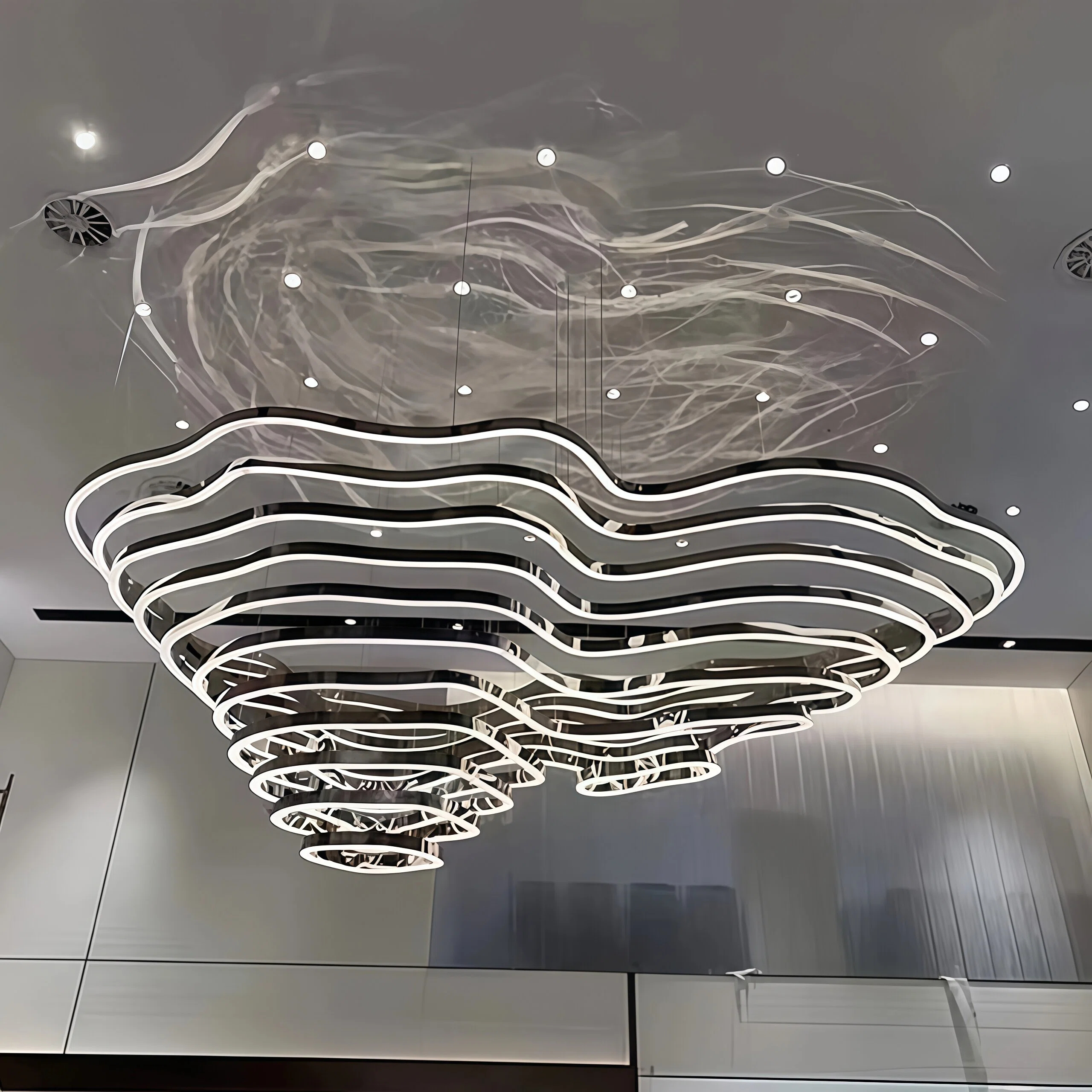 JYLIGHTING Modern Multi‑Layer Wave Steel Glass Pendant Light, Custom LED Art Ceiling Lamp for Mall Atrium, Lobby & Showroom Interior Projects