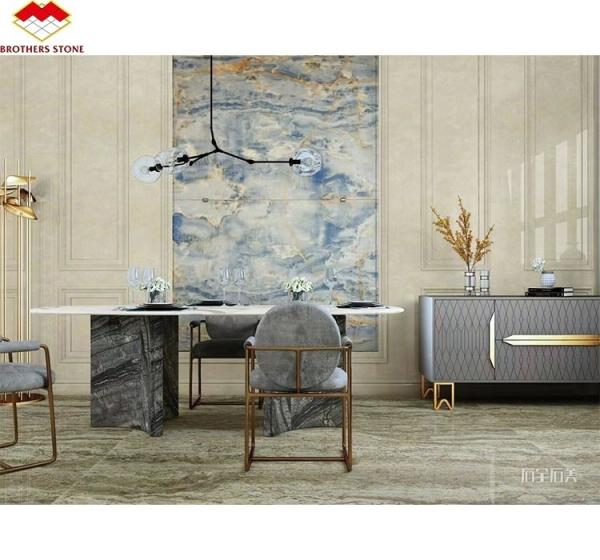 Blue Golden Onyx Stone Slabs Natural Translucent Marble for TV Background Wall Panels