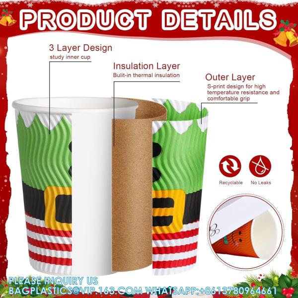Christmas Disposable Coffee Cups 12 Oz Insulated Ripple Wall Cup With Lid, Xmas Disposable Coffee Espresso Cups