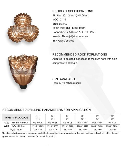 17 1/2 FG214G Steel Tooth Tricone Bit / Jet Drill Bits ISO 9001 Approved