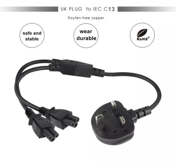 C5 UK 3 Pin Power Cord ,  2 In 1 Y Type Electronic Power Cable