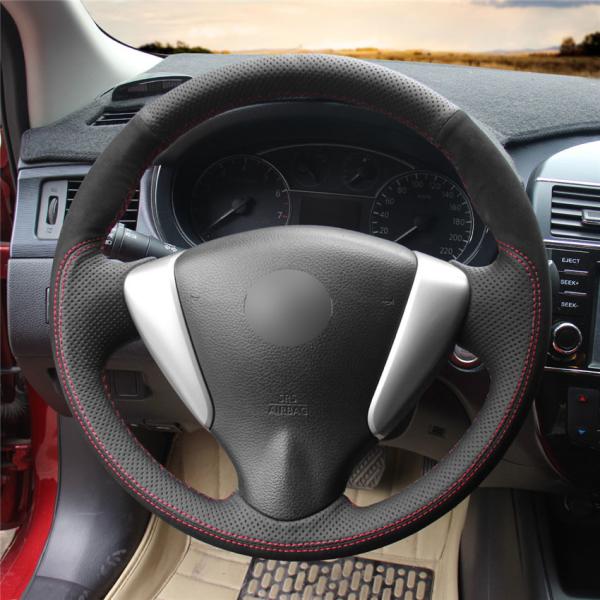 3-Spoke Red Black Leather Suede Steering Wheel Cover for Nissan Sentra Versa 2014-2017