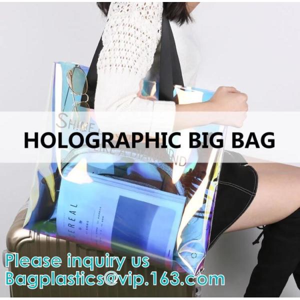 Neon Rainbow Hologram PVC Tote Bag custom holographic handbag PVC handle beach bag,Cosmetic Makeup Travel Pouch,Zipper