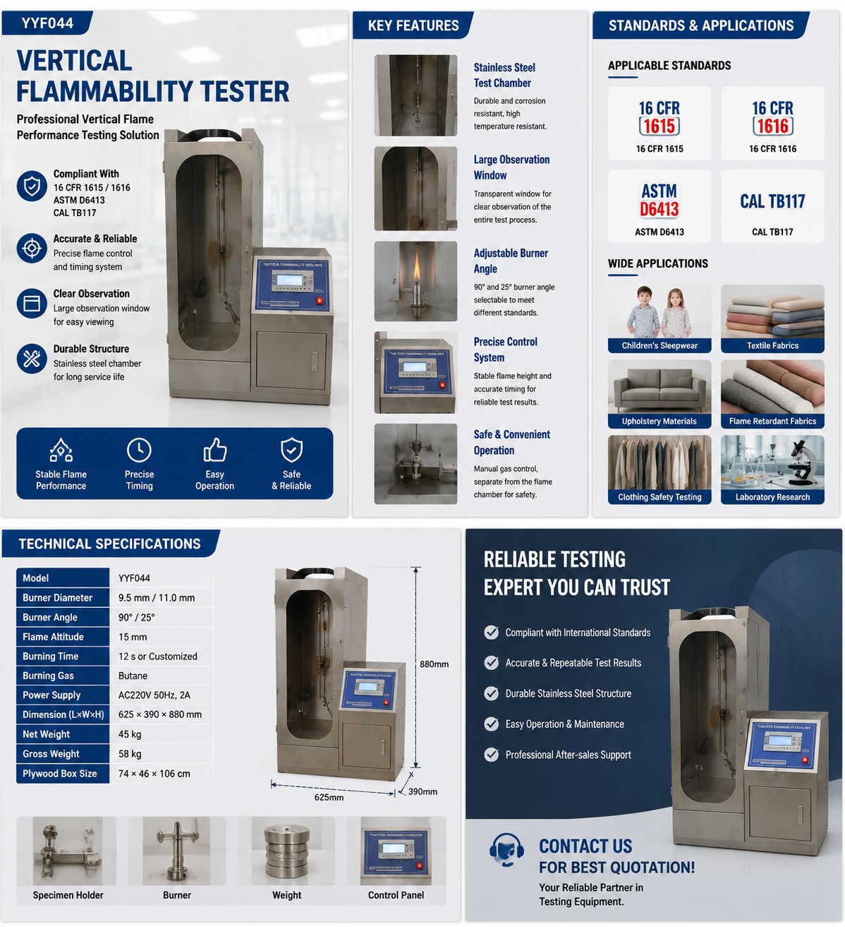 Vertical Flammability Tester 16 CFR 1615 1616 ASTM D6413 Textile Fabric Burning Test Equipment