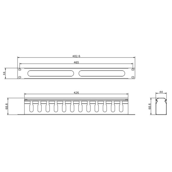 19 Inch Rack Mounted Metal Fiber Optic Cable Management Panel 1U Height Black Color