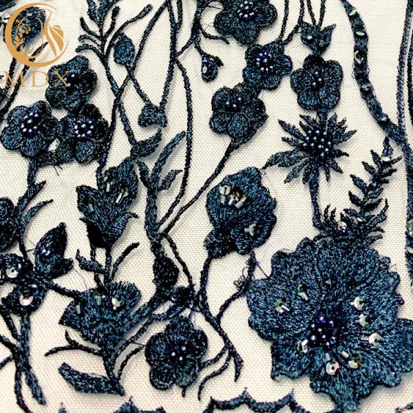 Navy Blue 3D Floral Embroidery Lace Fabric For Evening Party Dress