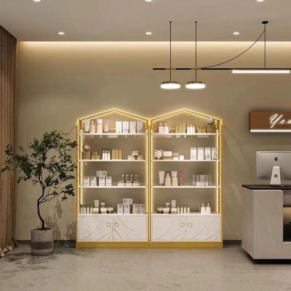 Versatile Cosmetic Luxury Display Cabinets MultiLayer Marble Shelving Golden Body