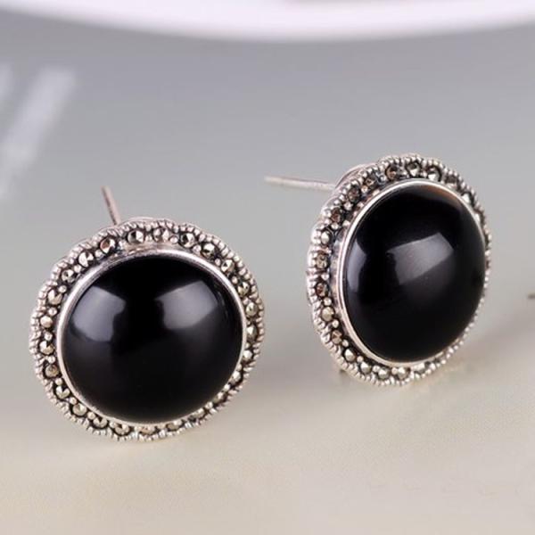 Thai Silver Jewelry 18mm Black Onyx with Marcasite Vintage Earrings (E11066)