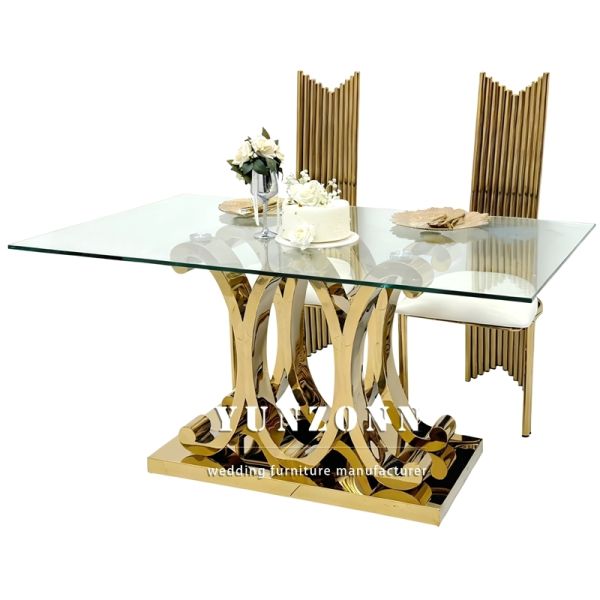 Special Golden Stainless Steel Luxury Glass Dining Table Sets for Bride and Groom for Wedding Events and Hotel Use