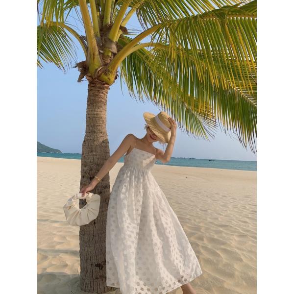 Sexy Back Tie Strap 115cm White Sleeveless Beach Dress Mid Length