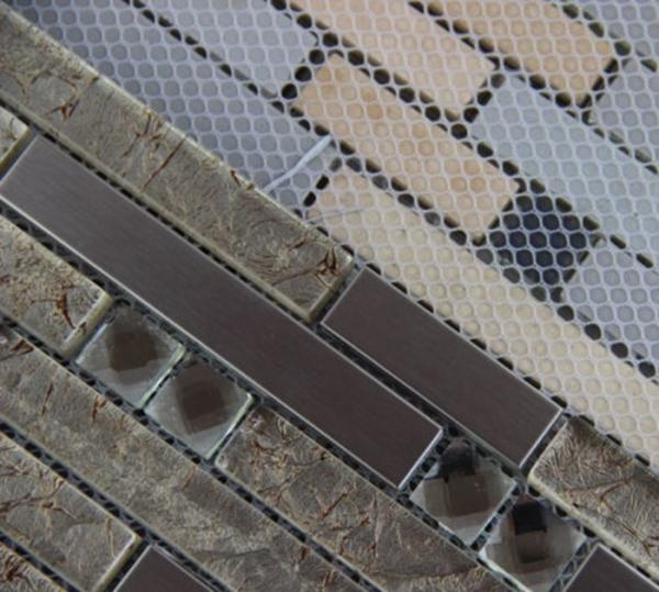 Mix Colored Metallic Subway Tile Backsplash , Interlocking Metallic Kitchen Tiles