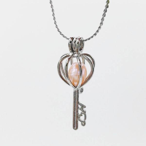 Antique Silver Key Locket Cage Charms Necklaces Pendants with 6-7mm Rice Shape Real Freshwater Pearl