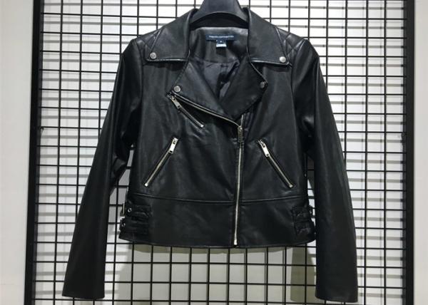 Pleather Biker Zip Through Placket Ladies PU Jacket , Black PU Coat For Winter