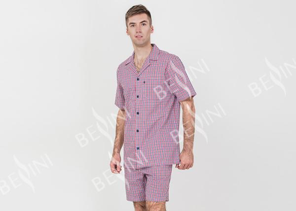 Cool Mens Button Up Pyjamas Woven Cotton Yarn Dyed Check Short Sleeve Shirt