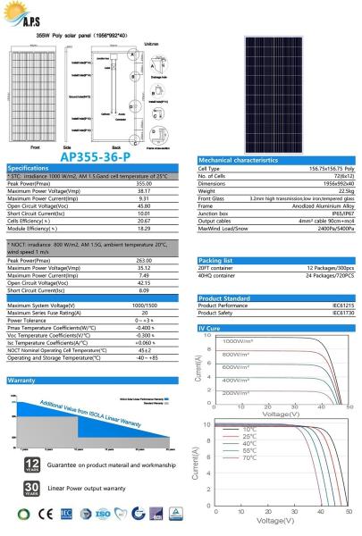 Solar Panel Photovoltaic Module Polycrystalline 72 Cell 36V  Poly 345W 350W,355W,360W,365W,375W,380W  Solar Power