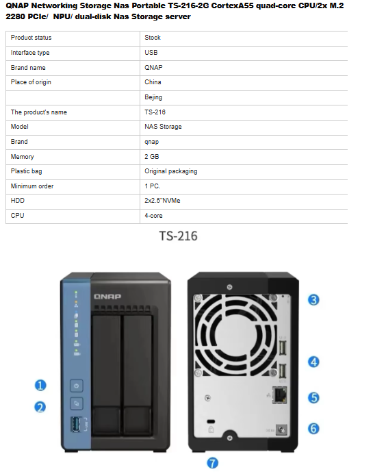 QNAP TS-216-2G Networking Storage Nas Portable CortexA55 Quad-core CPU/2x M.2 2280 PCIe/ NPU/ Dual-disk Nas Storage Server