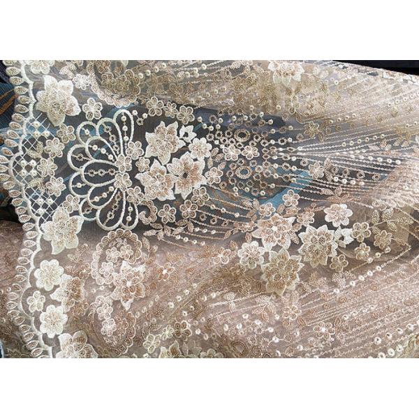 Champagne Gorgeous Flowers Sequin Lace Fabric With Dot Scalloped For Party Gown