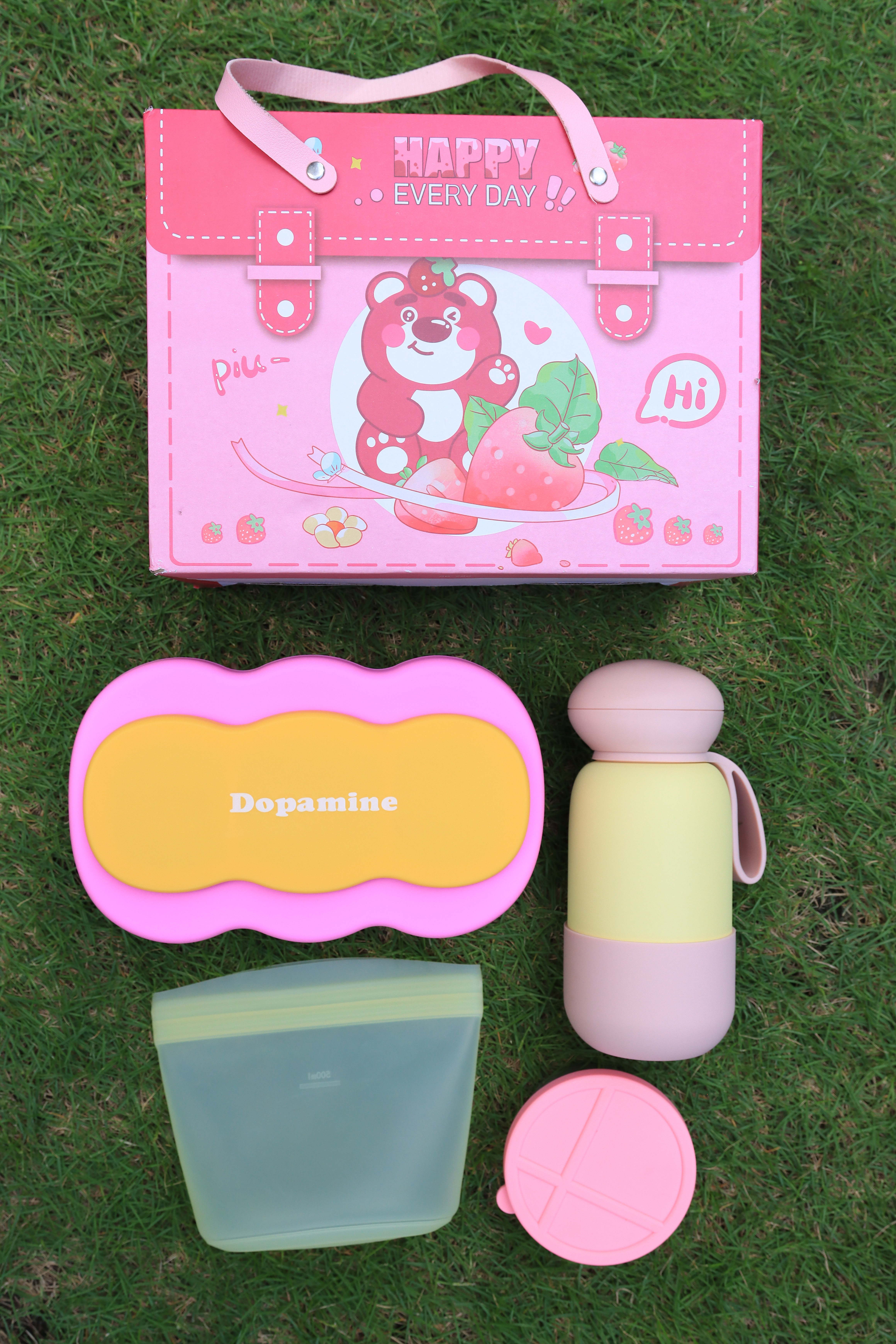 Macaron Silicone Lunch Gift Set – Divided Bento Box, 304 Stainless Steel Bottle, Silicone Food Bag & Storage Container Eco-Friendly Holiday Tableware