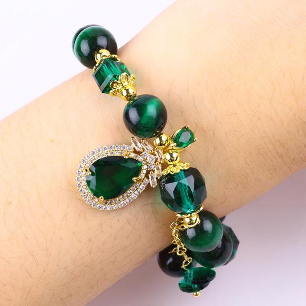 Natural Green 10mm Tiger Eye Bracelet With Copper Gold Plating